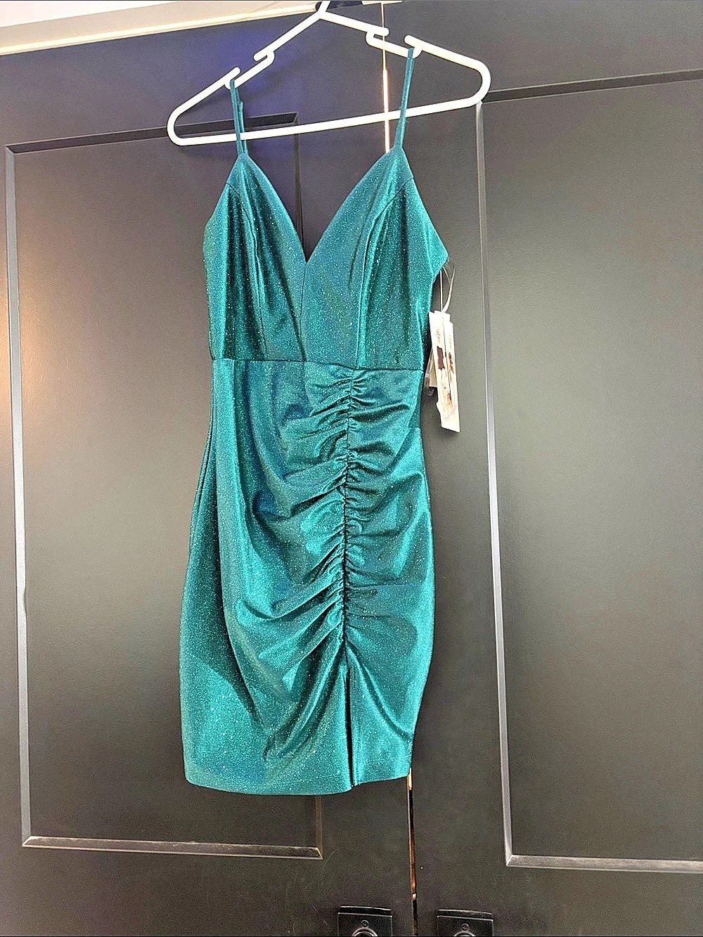 Ruched Glitter Midi Dress in Green